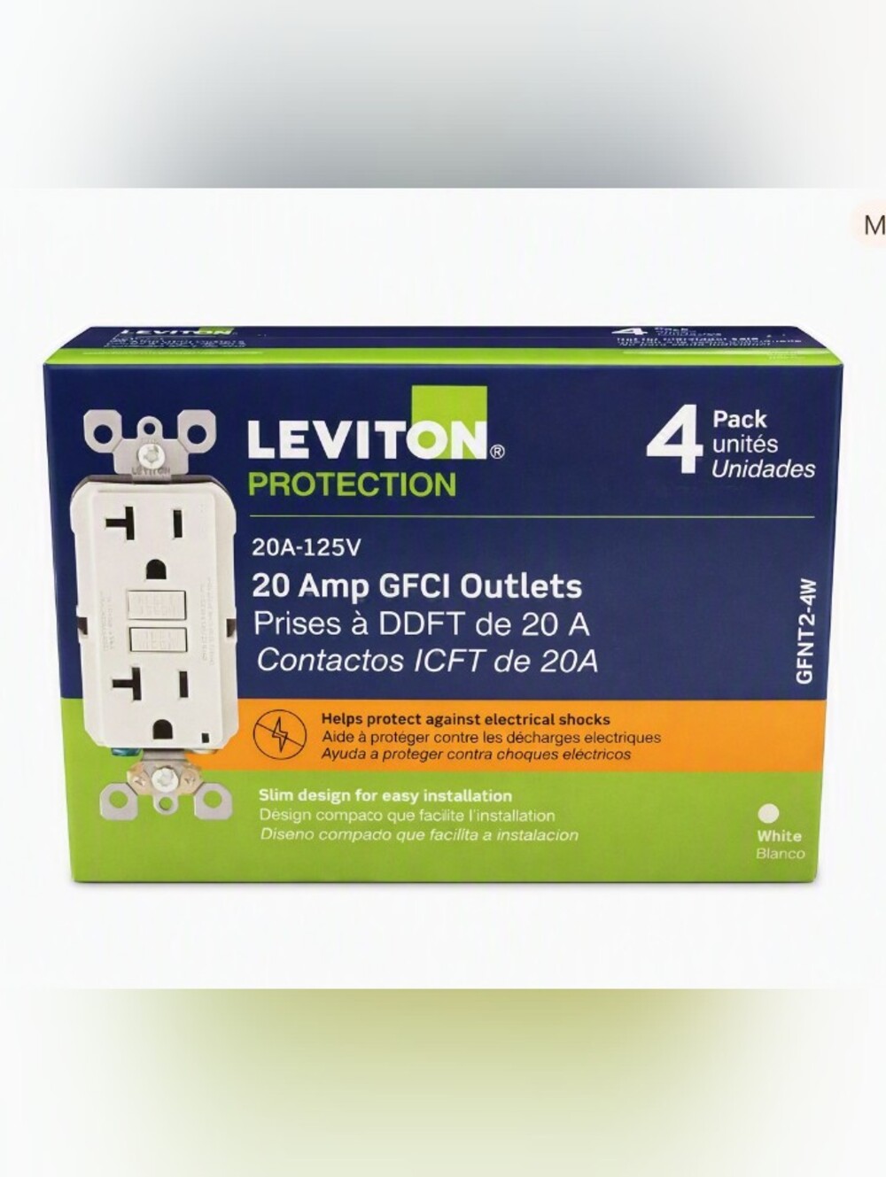 NIB-Protection 20A-125V GFCI Outlet - White Pack Of 4